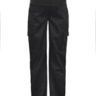 Black maternity cargo pants with an elastic waistband, featuring side cargo pockets, front pockets, and a straight-leg cut, displayed on a plain white background.