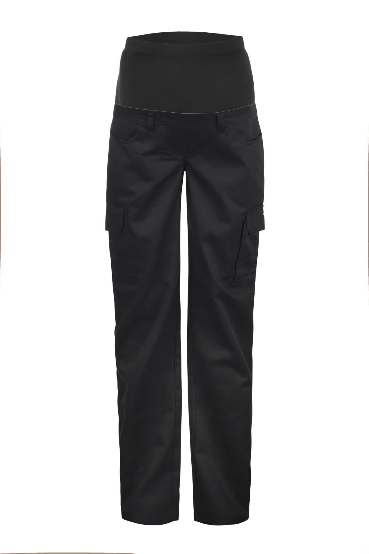 Black maternity cargo pants with an elastic waistband, featuring side cargo pockets, front pockets, and a straight-leg cut, displayed on a plain white background.