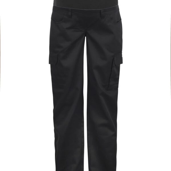 Black maternity cargo pants with a stretchy waistband, featuring side pockets. They have a relaxed fit and straight legs.