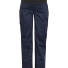 Maternity work pants with a black elastic waistband and dark blue cargo-style legs. They feature side pockets for practicality and are designed to provide comfort and support during pregnancy.