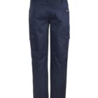 Dark blue cargo pants with multiple pockets and a black waistband, displayed on a plain white background.