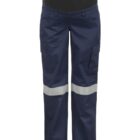 Maternity work pants with a black elastic waistband designed for comfort, featuring a blue color with reflective silver stripes on the legs and multiple pockets.