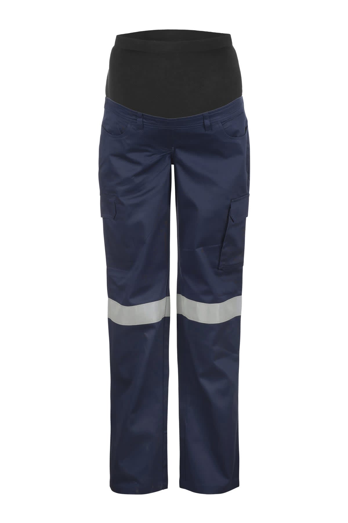 Maternity work pants with a black elastic waistband designed for comfort, featuring a blue color with reflective silver stripes on the legs and multiple pockets.