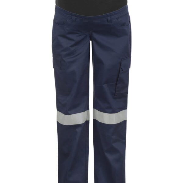 Navy blue maternity work pants with a black elastic waistband and reflective horizontal stripes on each leg. The pants have multiple pockets and are designed for comfort and safety.