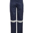Back view of navy blue work pants with reflective stripes around the lower legs. They have multiple pockets and black waistband, designed for safety and functionality in professional environments.