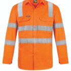 Orange high-visibility safety shirt with long sleeves, featuring silver reflective stripes on the torso and arms. It has two buttoned chest pockets and a collar.