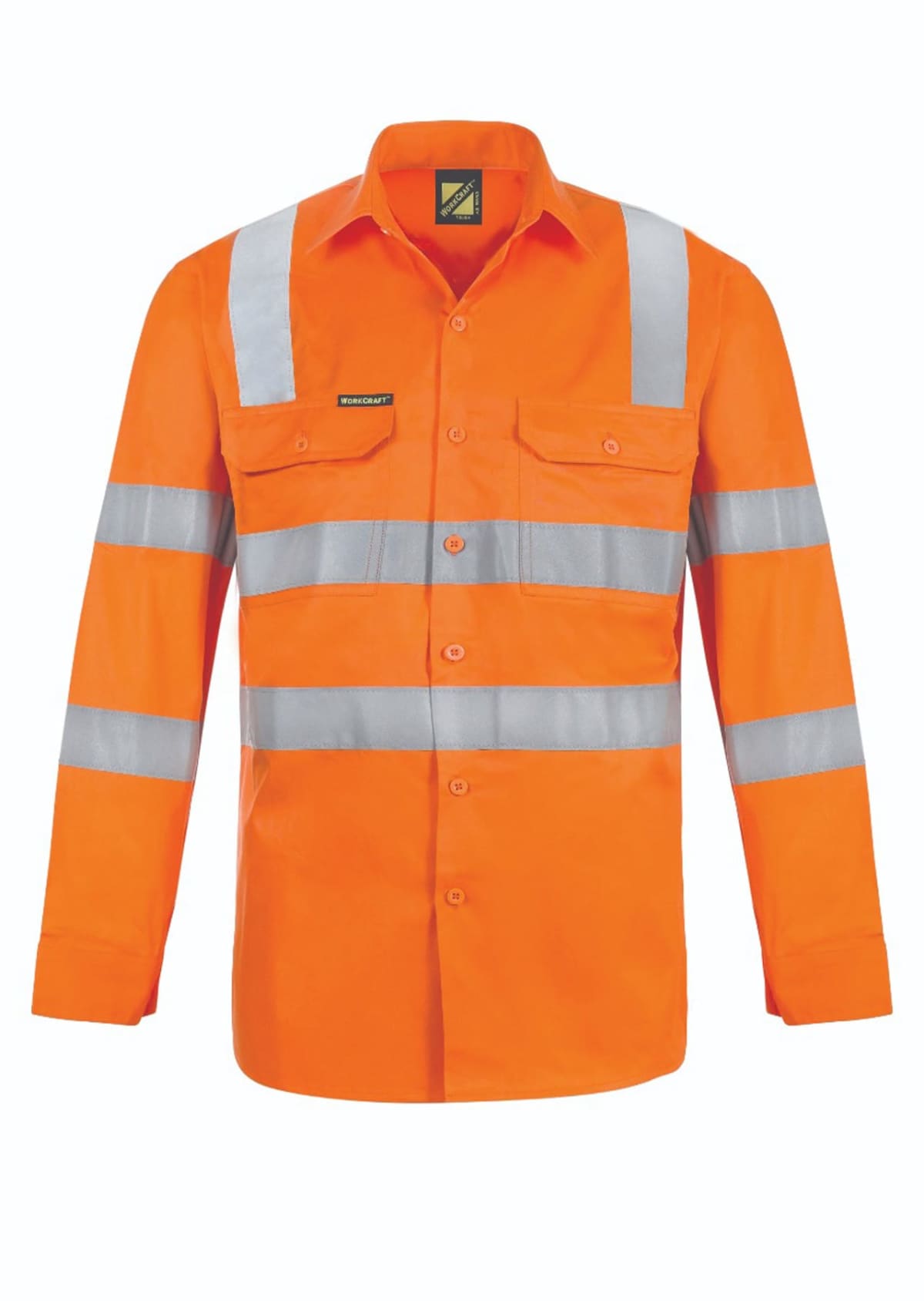 Orange high-visibility safety shirt with long sleeves, featuring silver reflective stripes on the torso and arms. It has two buttoned chest pockets and a collar.