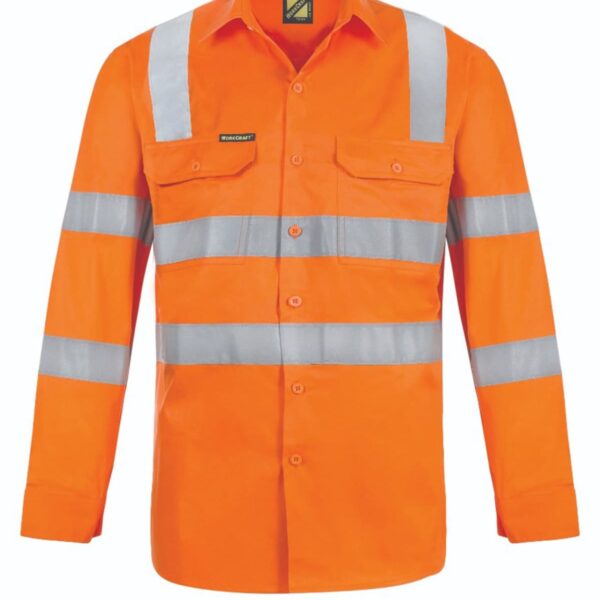 Bright orange high-visibility work shirt featuring reflective silver stripes across the chest, back, and sleeves. The shirt has a button-down front and two chest pockets with buttoned flaps.