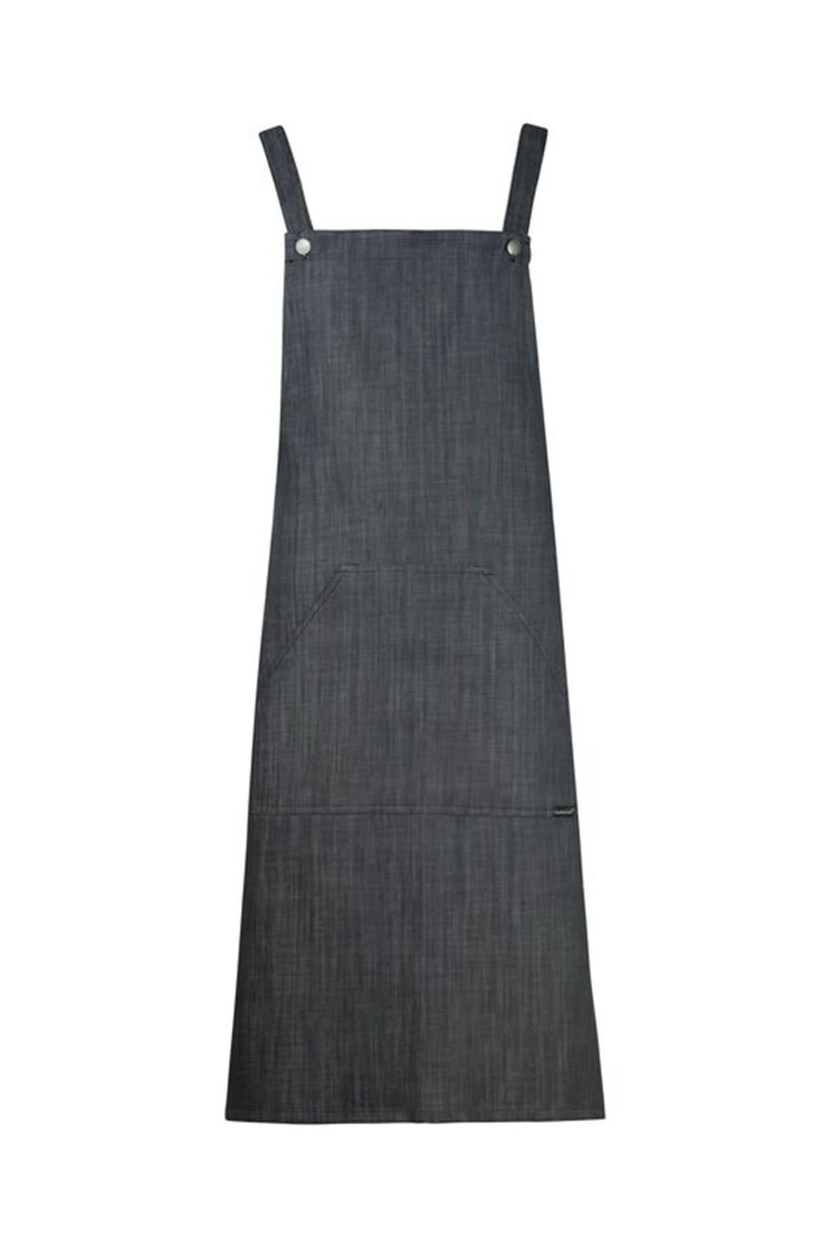 Dark gray apron with front pocket and shoulder straps, displayed on a white background.