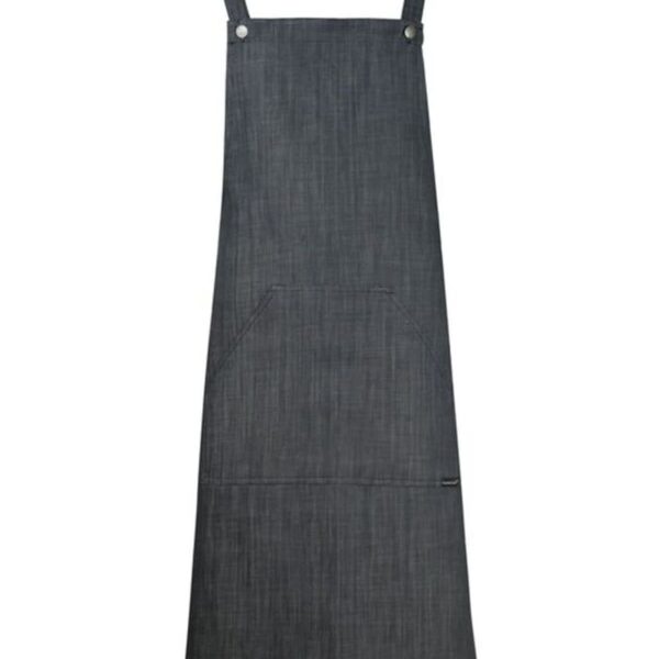Dark gray denim apron with front pocket and two shoulder straps.