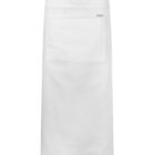 A long white waist apron with a front pocket on a plain background.