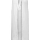 White waist apron with a front tie and a center slit.