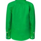 A bright green, long-sleeve button-down shirt is shown from the back. It features a buttoned collar and cuffs with two buttons visible on each cuff.
