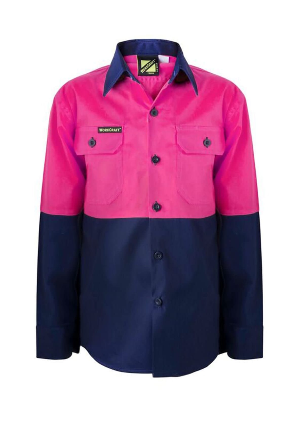A long-sleeved work shirt with a bright pink top half and dark blue bottom half, featuring buttoned chest pockets and a collar.