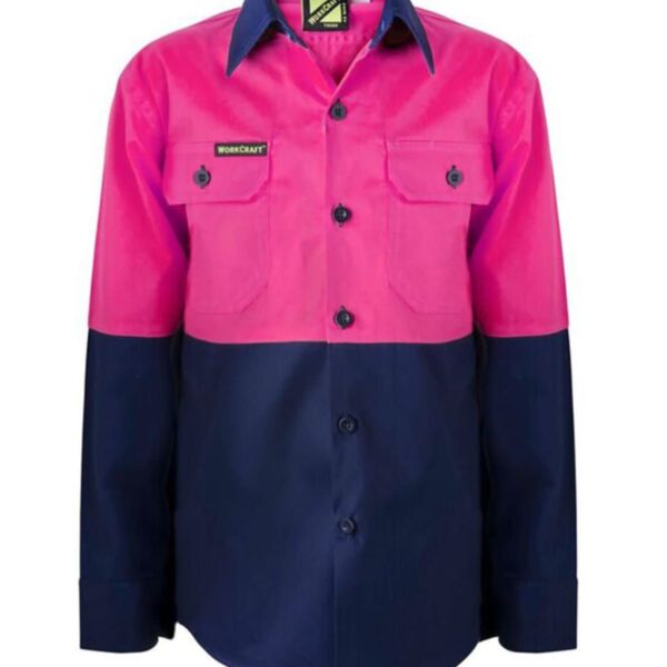 A long-sleeved, two-tone work shirt with a vibrant pink top half and a dark navy bottom half. It has a button-down front and two chest pockets with button closures.