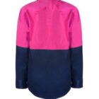 Back view of a long-sleeve button-up shirt with contrasting colors: a bright pink upper section and dark navy blue lower section. The shirt has a classic collar and buttoned cuffs.