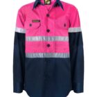 Long-sleeve work shirt in bright pink and navy, featuring reflective silver strips on the chest and sleeves. It has a button-down front, a collar, and chest pockets.