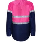 The image shows a long-sleeved work shirt, predominantly in pink and navy blue, with two silver reflective stripes across the back. The upper part is pink, and the lower part is navy blue.