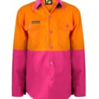 Front view of a two-toned long-sleeve work shirt with an orange top half and pink bottom half. It features a collar, pink buttons, and two chest pockets, one with a small black label.