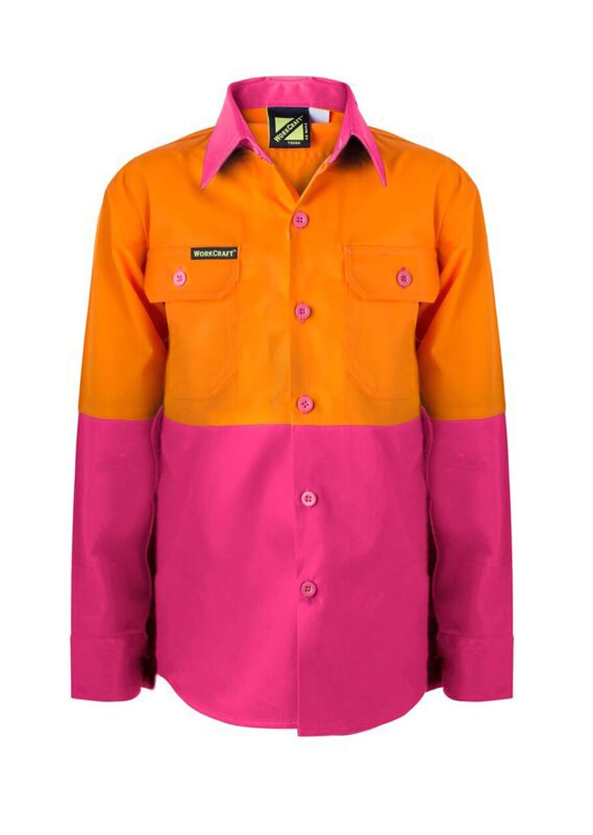 Front view of a two-toned long-sleeve work shirt with an orange top half and pink bottom half. It features a collar, pink buttons, and two chest pockets, one with a small black label.