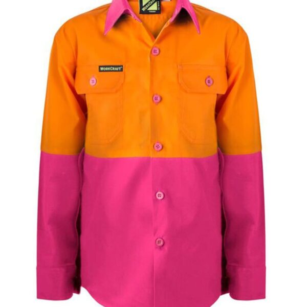 A long-sleeved shirt with a bold color block design featuring bright orange on the top half and vibrant pink on the bottom half, including the sleeves. The shirt has two chest pockets and a button-up front.