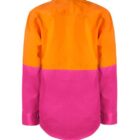 A long-sleeved shirt with a bold color block design. The top half is bright orange, and the bottom half, including the sleeves, is vibrant pink. The shirt has a classic collar and buttoned cuffs.