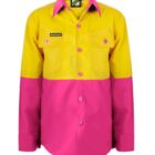 A long-sleeve button-up shirt with a bright yellow top half and a vibrant pink bottom half. It features two chest pockets with buttons and a stitched label on the left side.
