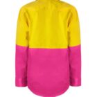 A long-sleeved shirt with a bright yellow top half and a vibrant pink bottom half, including the sleeves. The shirt has a collar and buttons on the cuffs.
