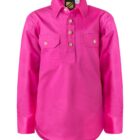 A bright pink long-sleeve button-up shirt with a collar, featuring two chest pockets and buttons along the placket and pocket flaps.