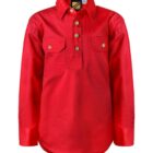 A bright red long-sleeve shirt with a collared neckline and four beige buttons. It features two buttoned chest pockets. The fabric appears smooth and slightly glossy. The hem is rounded.