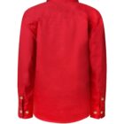 Back view of a vibrant red long-sleeve shirt with buttoned cuffs and buttons on the back. The shirt has a classic collar and a smooth texture.