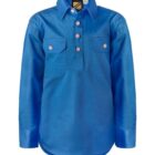A vibrant blue long-sleeve shirt with a collar and four white buttons down the front. It features two chest pockets with button closures.