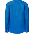Back view of a long-sleeved, bright blue dress shirt. The shirt has a classic collar and buttoned cuffs, with buttons visible on the sleeves. The fabric appears smooth and slightly shiny.
