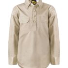 A beige long-sleeve button-up shirt with two front chest pockets. The shirt features a half placket with four buttons and a classic collar. It has buttoned cuffs and a straight hem.