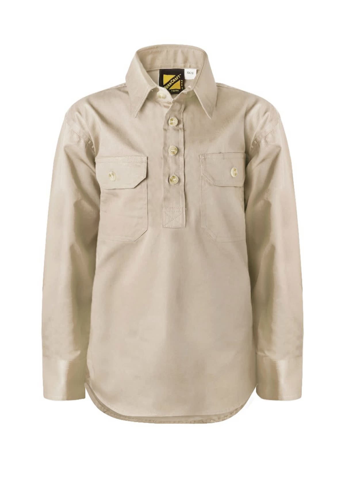 A beige long-sleeve button-up shirt with two front chest pockets. The shirt features a half placket with four buttons and a classic collar. It has buttoned cuffs and a straight hem.