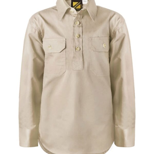 A beige long-sleeve pullover shirt with a collar and buttoned front placket. Features two chest pockets with button closures. The fabric has a smooth, slightly shiny finish.