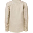 A beige, long-sleeved button-up shirt displayed from the back. It features a classic collar and buttoned cuffs, with a plain, textured fabric.
