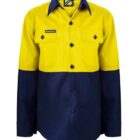 A long-sleeved, high-visibility work shirt with a bright yellow top half and dark blue bottom half. It features two chest pockets, blue buttons, and a folded collar. The shirt has a name tag on the left chest pocket.