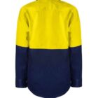 Back view of a long-sleeve button-up shirt with a bright yellow upper section and dark blue lower section and sleeves, against a plain white background.