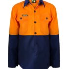 Orange and navy blue long-sleeve button-up shirt with two front chest pockets. The top half is bright orange, and the bottom half is dark navy. A label reads WORKCRAFT on the left chest pocket.