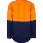 A long-sleeved shirt with a bold color block design. The top half is bright orange, and the bottom half is navy blue. It features a collar and buttoned cuffs, viewed from the back.