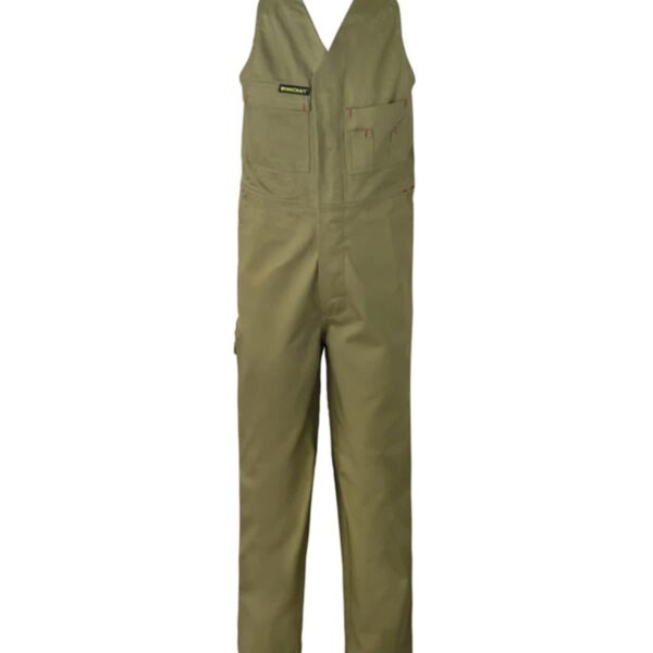 Green bib overalls with pockets on the chest and legs. The overalls have a V-shaped neckline and are made of sturdy fabric, suitable for workwear.