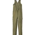 Olive green work overalls with adjustable shoulder straps and multiple pockets, including a large pocket on the chest and cargo pockets on the legs. The material appears sturdy, suitable for outdoor or labor-intensive tasks.