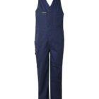 Dark blue bib overalls with red stitching, featuring a V-neck, multiple front pockets, and no sleeves. The overalls are designed for functional wear. The image shows the garment against a white background.