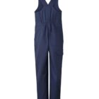 A pair of navy blue overalls with adjustable shoulder straps and multiple pockets, including a large side pocket. The fabric appears durable and suitable for workwear. The overalls are displayed against a plain white background.