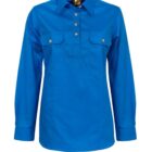 A bright blue long-sleeved shirt with a collar and two chest pockets, each featuring a button. The shirt has a partial front button placket and cuffs with buttons.