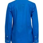 A bright blue long-sleeve dress shirt shown from the back. The shirt features a classic collar, buttoned cuffs, and a straight hem.