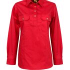 Red long-sleeve shirt with a collar and three brass buttons in front. Features two chest pockets, each with a brass button. The shirt has a slightly fitted silhouette.