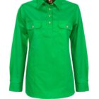 Green long-sleeve shirt with a collar and four buttons on the front. Features two chest pockets with button flaps.