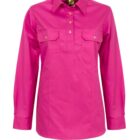 A bright pink long-sleeve button-up shirt with a collar. It has two chest pockets with button flaps and a partial button placket down the front. The shirt has a tailored fit and is displayed against a plain white background.